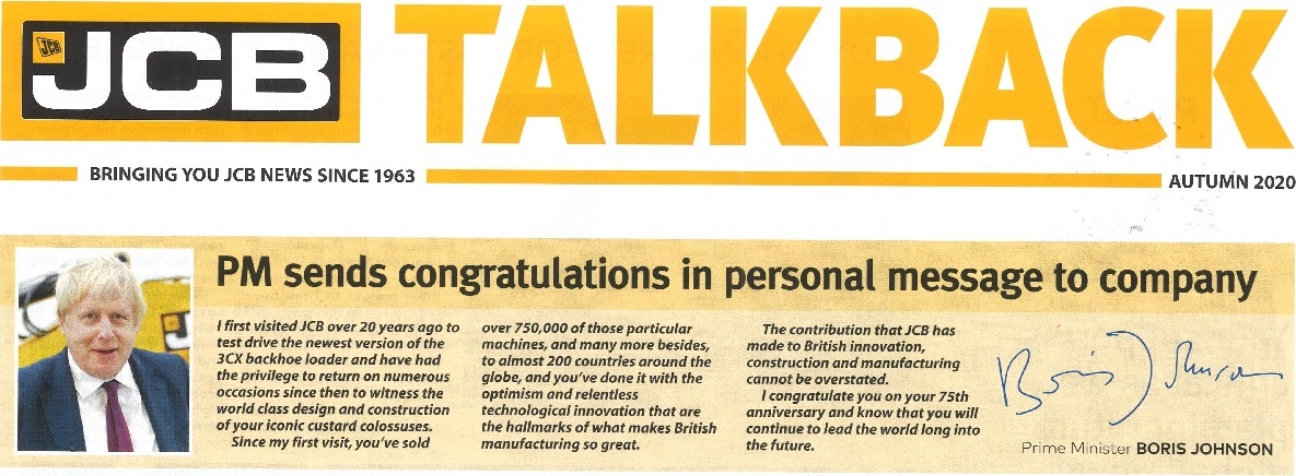 英國首相致信祝賀JCB成立75周年！